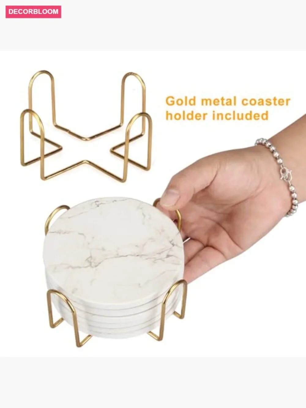 6 Piece Absorbent Ceramic Coaster Set with Gold Metal Holder Non-Slip Cork Back